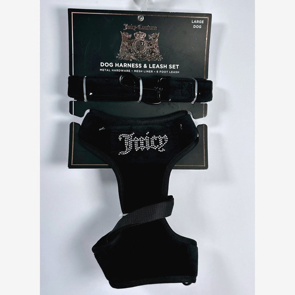 Juicy Couture Black Velvet Rhinestone Dog Harness‎ & Leash Set Large Dog New